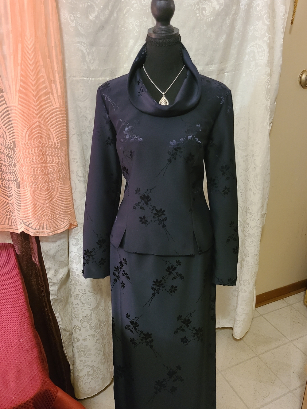 Kasper Black Floral Maxi Dress with Cowl Neck